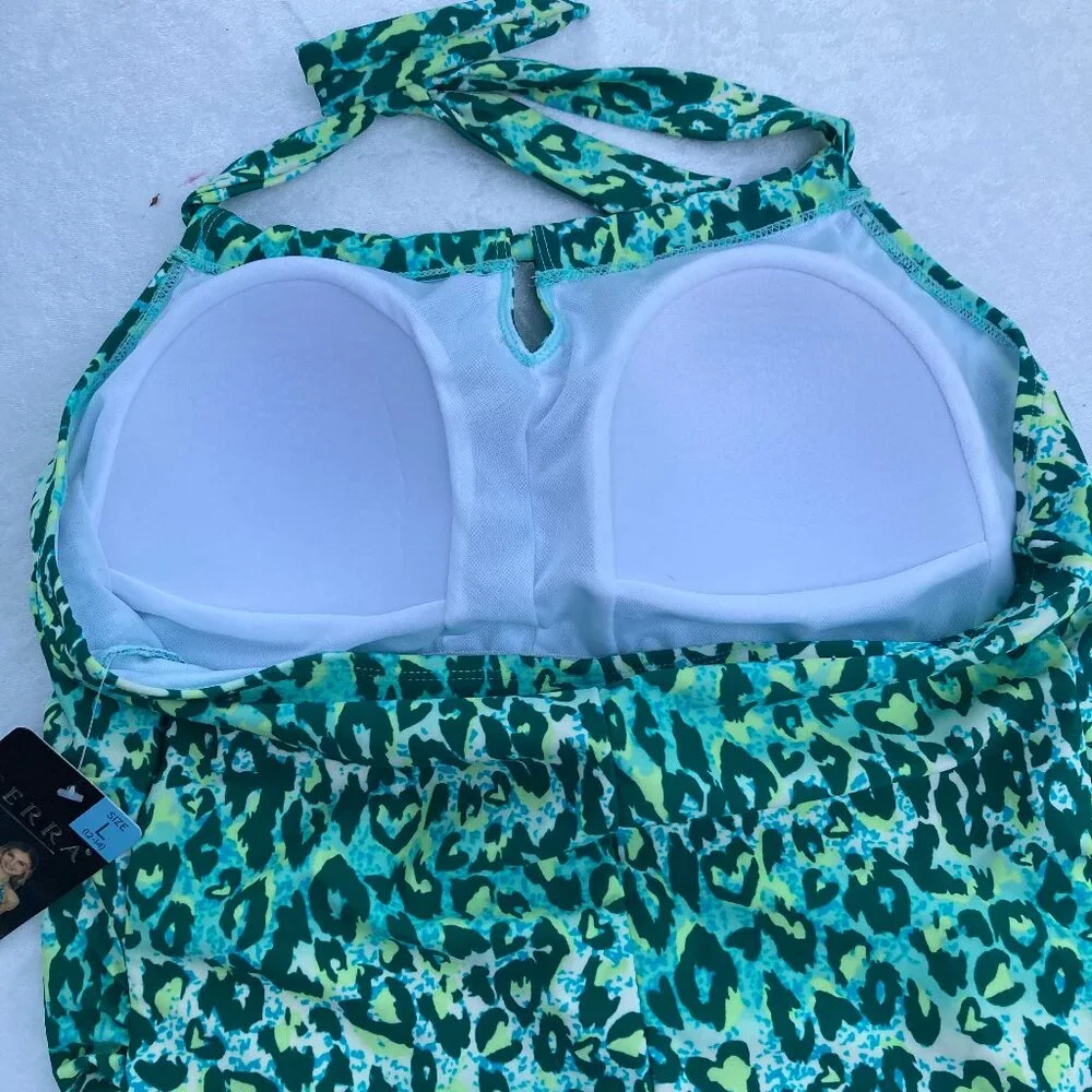 Serra NWT Swimsuit One Piece Halter Blue-Green Cheetah Premium Molded Cups Large